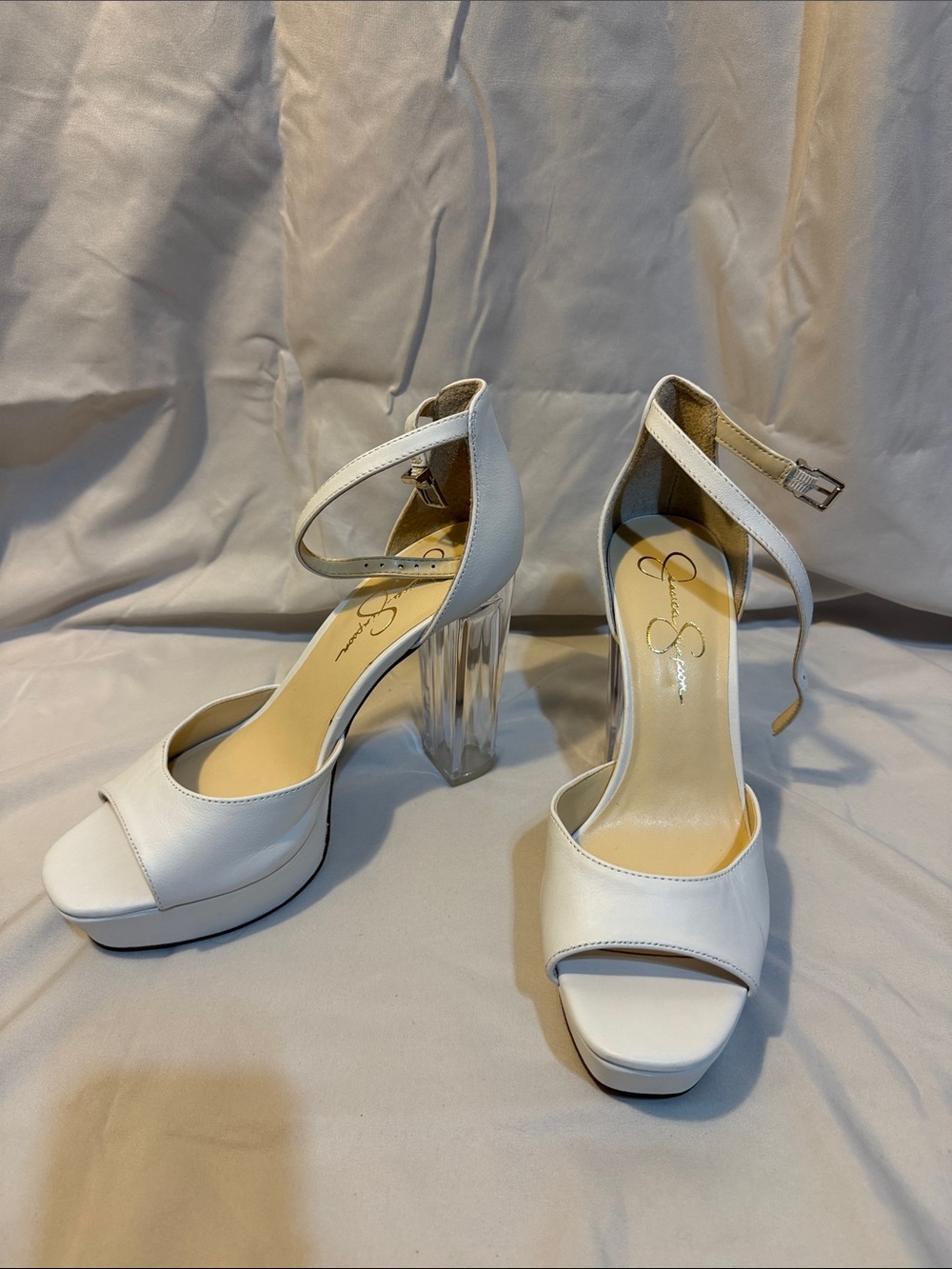 Jessica Simpson White Ankle-Strap Platform Heels with Clear Block Heel